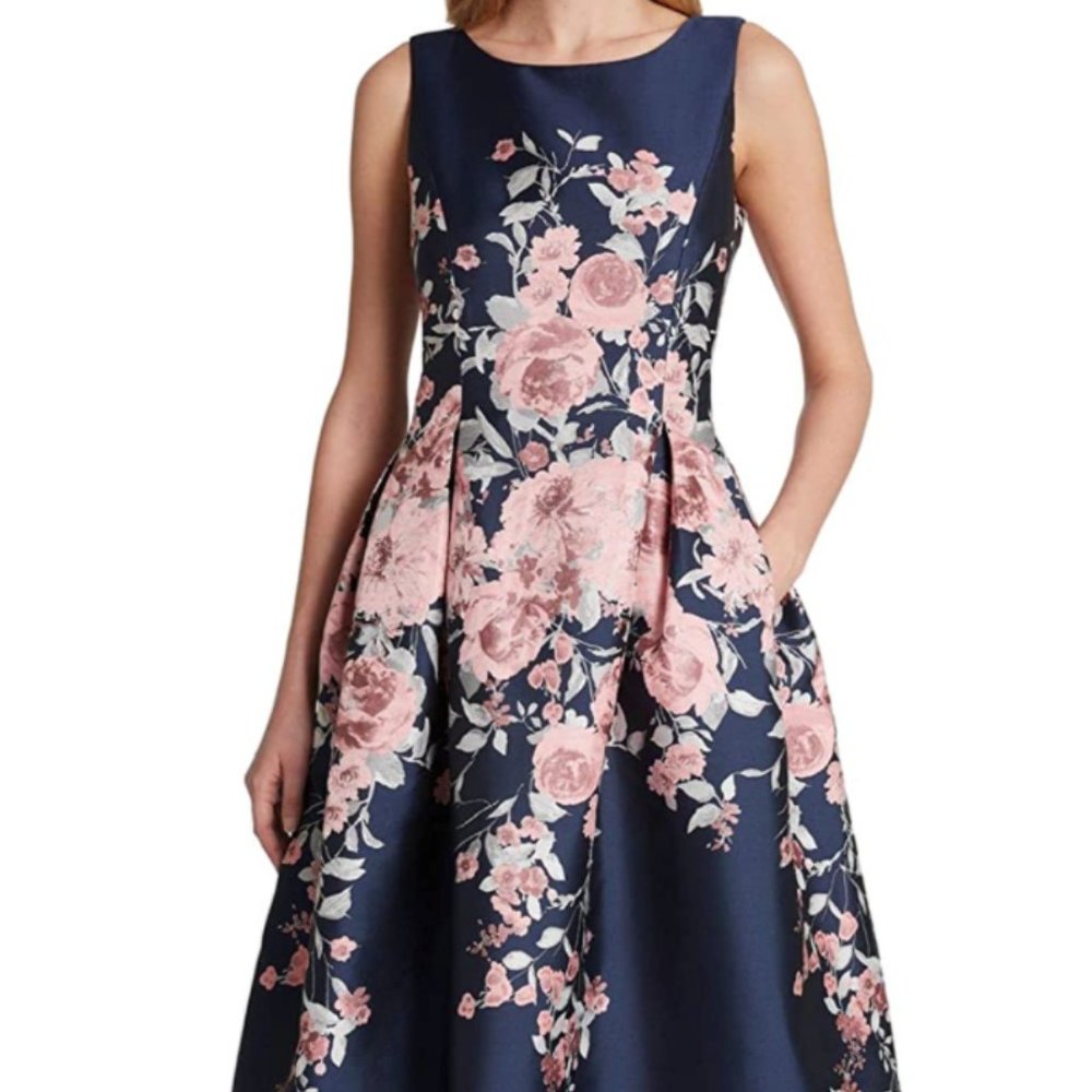 Tahari ASL Pink Floral Navy Blue Formal Fit and Flare Dress Size 4